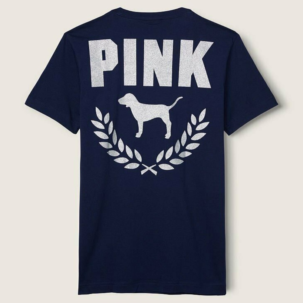 Victoria's Secret PINK Shine Campus Short Sleeve Tee XL Ensign w Glitter NEW